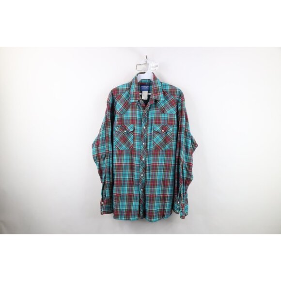 Vintage 90s Wrangler Mens XL Distressed Rainbow Plaid Flannel Snap Button Shirt - Picture 1 of 15